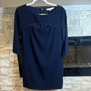 Trina Turk Blue Sheath Dress with 3/4 Sleeves, scoop neck and peek a boo